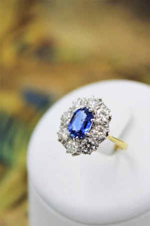 Downstairs at Grays, a fine 2.01ct. Sapphire and Diamond Cluster Engagement Ring mounted in 18ct Yellow Gold & Platinum, Pre-owned