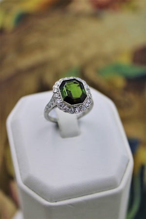 Downstairs at Grays, a very fine Green Tourmaline Cluster Ring set in Platinum, Pre-Owned