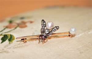 Downstairs at Grays, an Antique Natural Pearl, Diamond and Ruby Antique Fly Brooch, Russian, Circa 1890