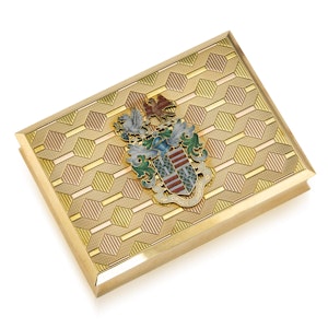 STUNNING 20thC ENGLISH PRESENTATION 18k SOLID GOLD & ENAMEL SNUFF BOX c.1958