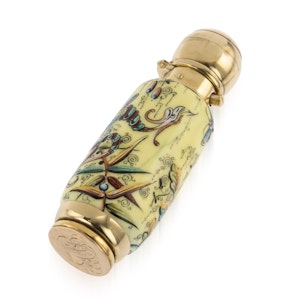 ANTIQUE 19thC VICTORIAN 18k GOLD & ENAMEL SCENT BOTTLE, SAMPSON MORDAN c.1880
