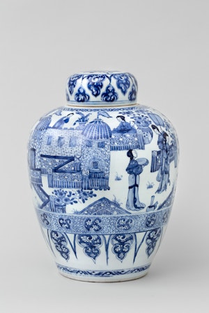 A CHINESE BLUE AND WHITE KANGXI ‘LADIES’ JAR AND COVER