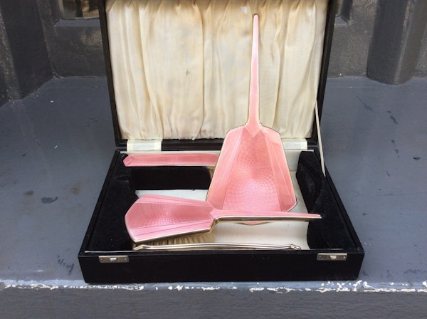 A silver pink enamel dresser set - image 2