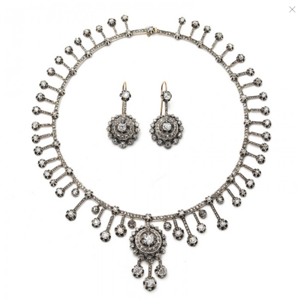 French Antique Fraumont Diamond, Silver and Gold Necklace and Earrings Suite, Circa 1855 - image 1