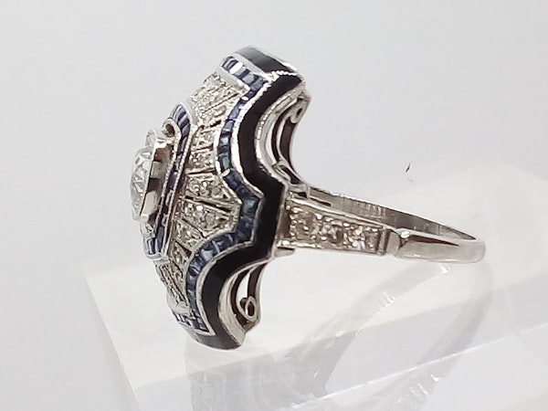 Deco Domed Sapphire and Diamond Sunburst Ring - image 3