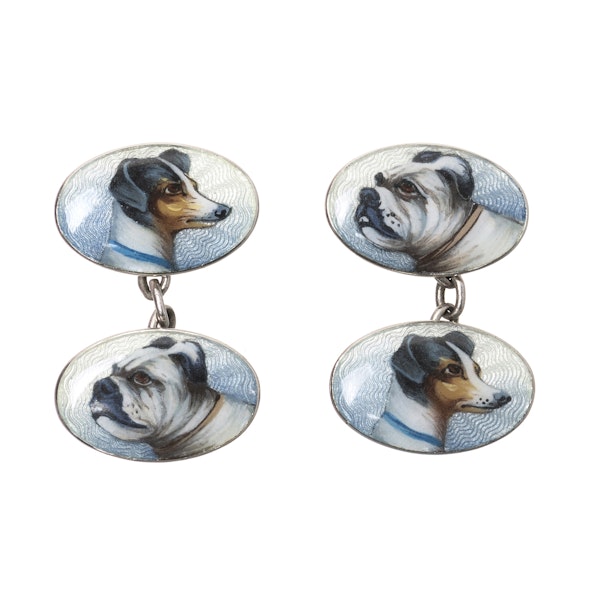 Antique Cufflinks in Sterling Silver with Coloured Enamel Portraits of a pair of Dogs, German circa 1910. - image 1