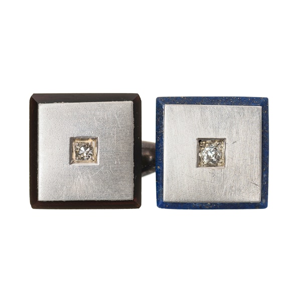 Antique Square Cufflinks in Platinum with Diamonds, Onyx and Lapis Lazuli, Austrian circa 1920. - image 2