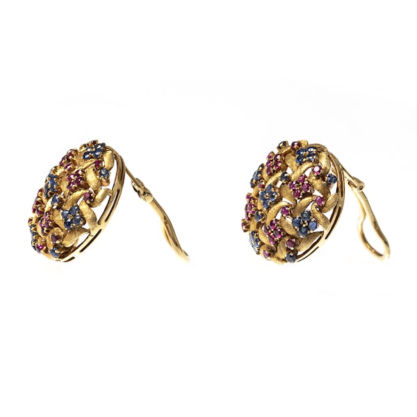 Vintage Earrings in a Textured 18 Karat Gold of Woven Design with Sapphires & Rubies, *Italian circa 1950. - image 3