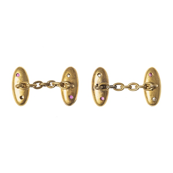 Antique Cufflinks in 14 Karat Textured Gold with a Ruby and Diamond, *Austrian circa 1890. - image 3