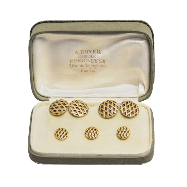 Antique Cufflinks & Studs in 18 Karat Gold with Criss Cross Design and inset Enamel, French circa 1890. - image 2
