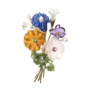 Viennese Botanical Spray Brooch in 14 Karat Gold of Carved Flowers in Coloured Stones, Austrian circa 1950.
