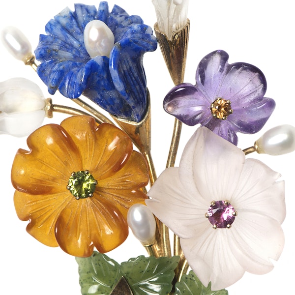 Viennese Botanical Spray Brooch in 14 Karat Gold of Carved Flowers in Coloured Stones, Austrian circa 1950. - image 2