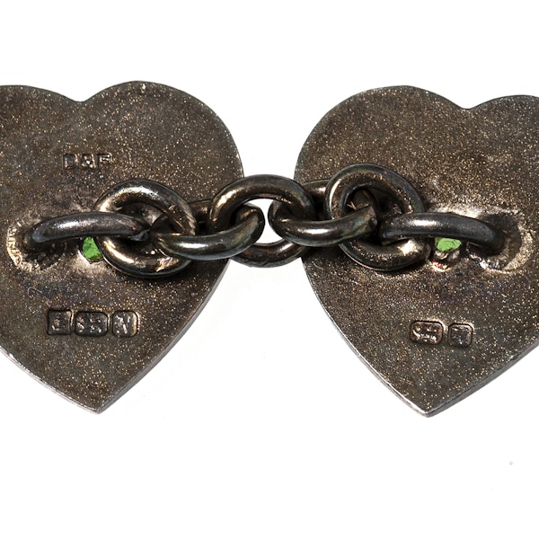 Vintage Heart Cufflinks with Peridot Centre and Enamel on Silver, Deakin & Francis 1937. - image 3