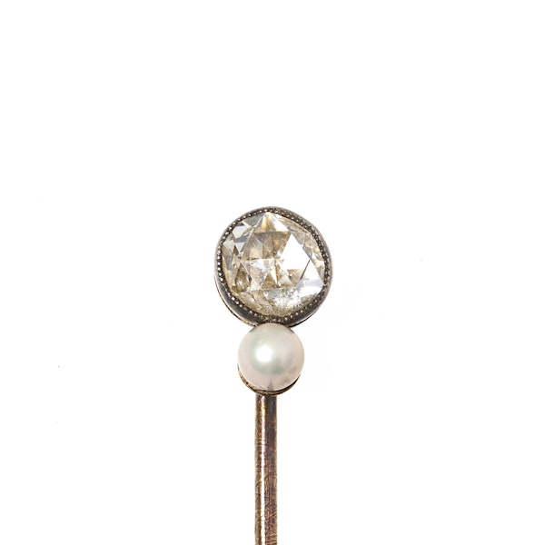 Victorian Tie or Lapel Pin with Rose Cut Diamond & Natural Pearl, English circa 1890. - image 1