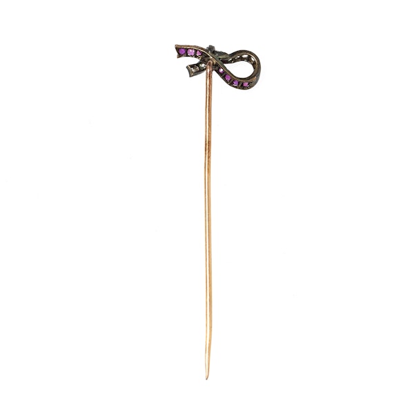 Antique Tie Pin of a Tied Ribbon with Diamonds & Burma Rubies, French circa 1880. - image 3