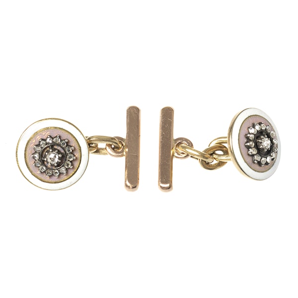 Early 20th Century Buttons now Cufflinks in Pink Guilloche Enamel & Diamonds, French circa 1900. - image 1