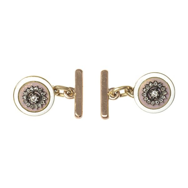 Early 20th Century Buttons now Cufflinks in Pink Guilloche Enamel & Diamonds, French circa 1900. - image 3