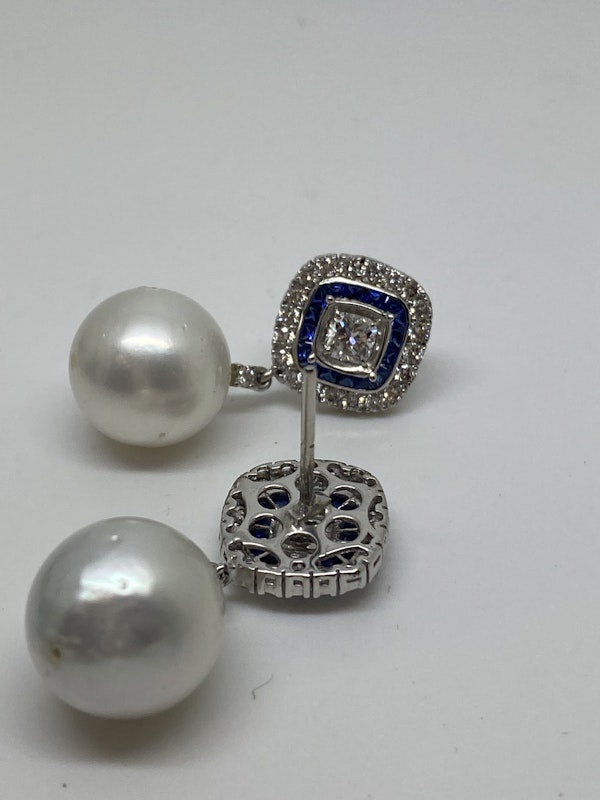18K white gold Pearl, Diamond and Natural Blue Sapphire Earrings - image 3
