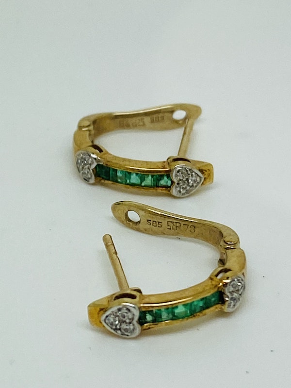 14K yellow gold Diamond and Emerald Earrings - image 3