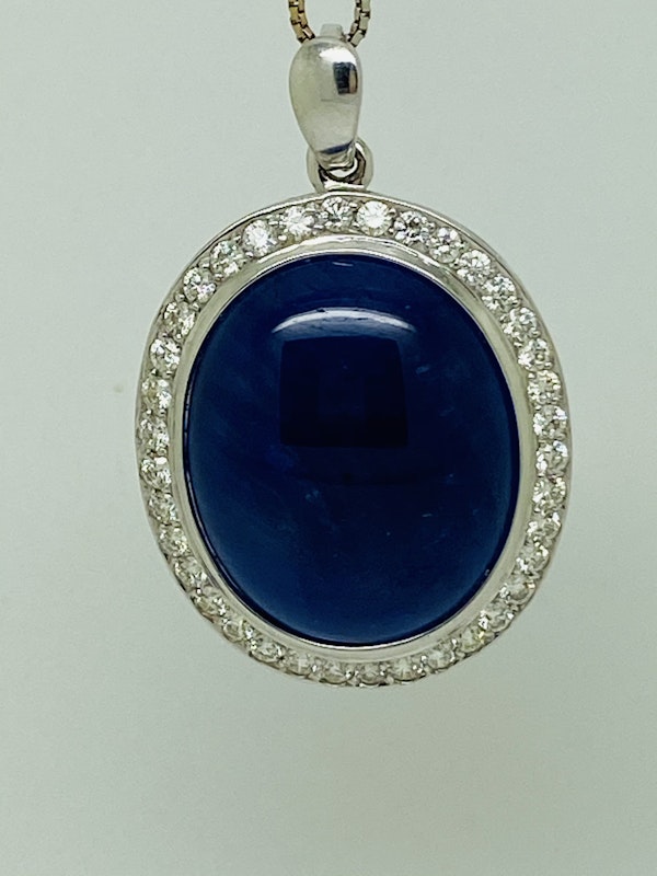 18K white gold 41.00ct Natural Cabochon Blue Sapphire and 2.05ct Diamond Pendant - image 3