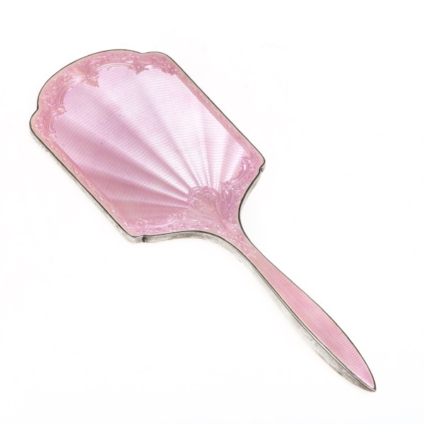 A pink enamel and silver hand mirror - image 1