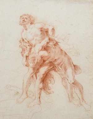 17th.Century French School Red Chalk Drawing Hercules Wrestling Antaeus