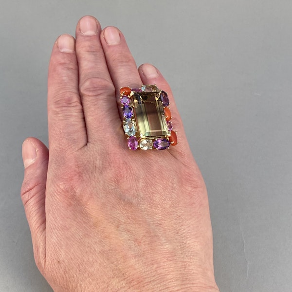 18k Yellow Gold Lamb Quartz stone (the main stone) surrounded by Pink Sapphire, Amethyst, Green Amethyst and Coral stone set Ring by Lilly Shapiro, SHAPIRO & Co since1979 - image 3