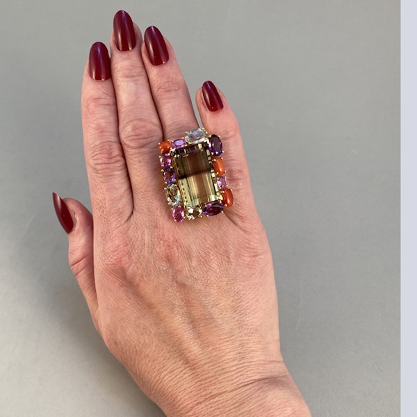 18k Yellow Gold Lamb Quartz stone (the main stone) surrounded by Pink Sapphire, Amethyst, Green Amethyst and Coral stone set Ring by Lilly Shapiro, SHAPIRO & Co since1979 - image 2