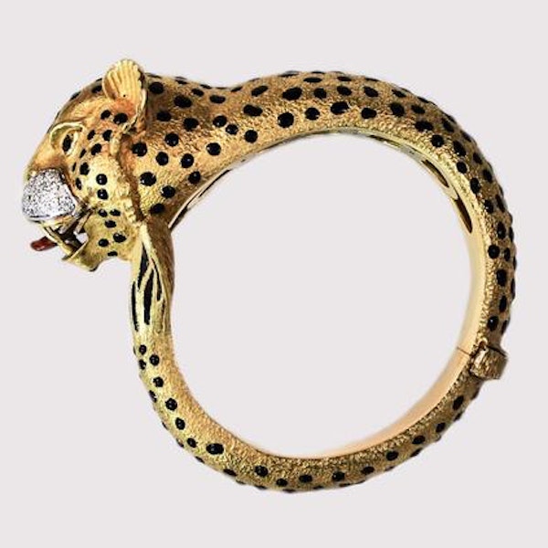 A Gold Enamel Diamond & Ruby Leopard Bangle - image 6