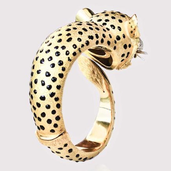 A Gold Enamel Diamond & Ruby Leopard Bangle - image 3