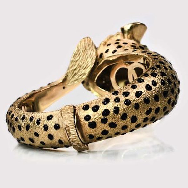 A Gold Enamel Diamond & Ruby Leopard Bangle - image 4