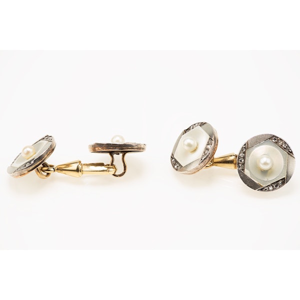 Antique Cufflinks in 14 Karat Gold with Natural Pearl, Diamonds and Mother of Pearl, Austrian circa 1900. - image 3