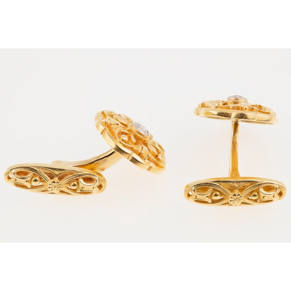 Art Nouveau Cufflinks Single Sided in 18 Karat Gold Floral Openwork & Central Diamond, French circa 1890. - image 3