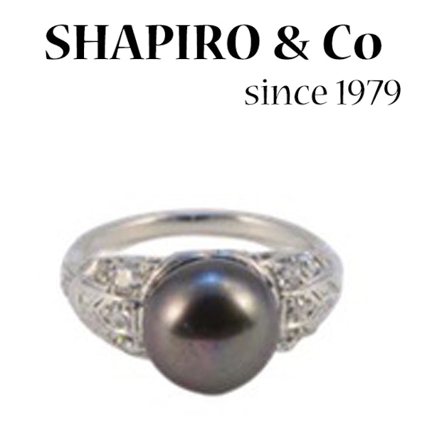 1960's, Platinum and Button shape Tahitian Pearl & Old Cut Diamond stone set Ring, SHAPIRO & Co since 1979 - image 3