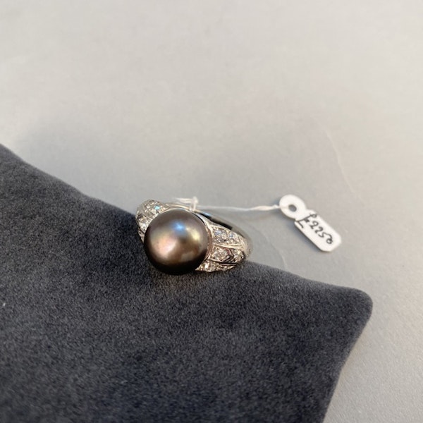 1960's, Platinum and Button shape Tahitian Pearl & Old Cut Diamond stone set Ring, SHAPIRO & Co since 1979 - image 6