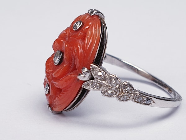 Art Deco Coral & Diamond Ring  DBGEMS - image 4