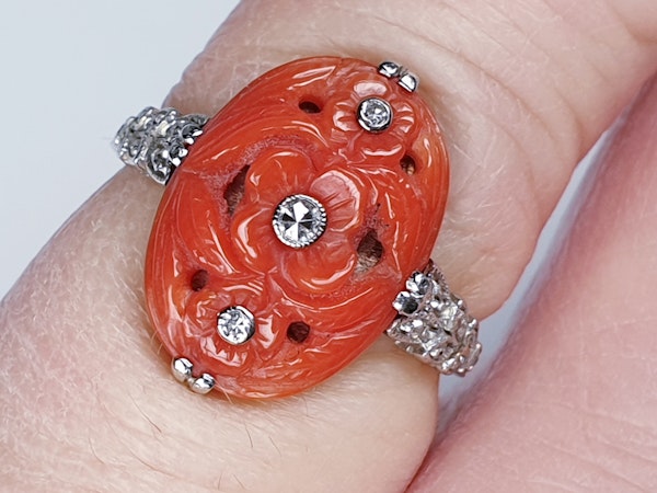 Art Deco Coral & Diamond Ring  DBGEMS - image 6