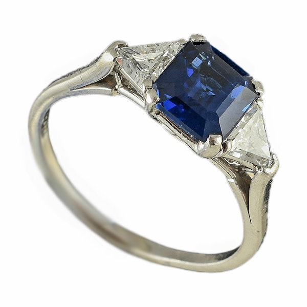 MM6446r platinum set fine quality  sapphire and triangle diamond  three stone ring - image 1