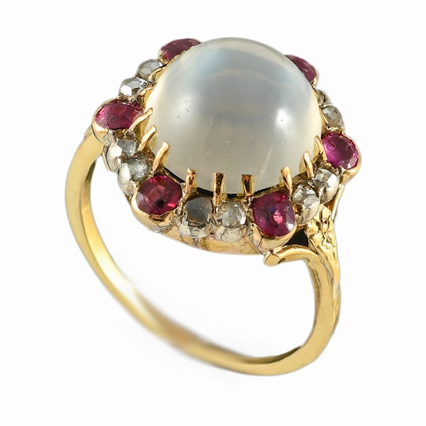 MM6488r Victorian gold moonstone rose diamond ruby cluster ring 1880c - image 1