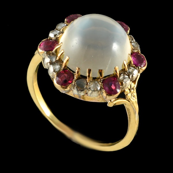 MM6488r Victorian gold moonstone rose diamond ruby cluster ring 1880c - image 2