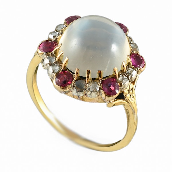 MM6488r Victorian gold moonstone rose diamond ruby cluster ring 1880c - image 3