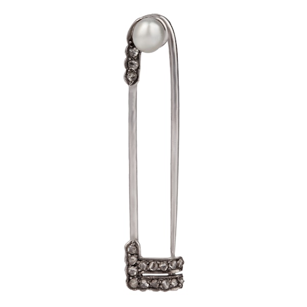 Platinum Pearl Diamond Safety Pin Brooch - image 1