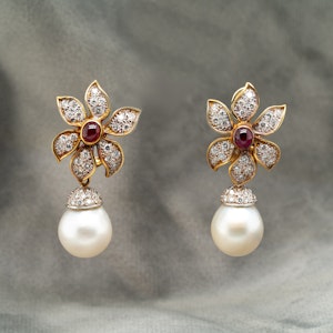 Cabochon ruby and diamond earrings with detachable pearl and diamond drops