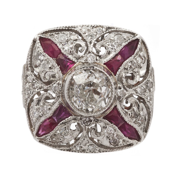 Art Deco Platinum, Ruby & Diamond Ring - image 2