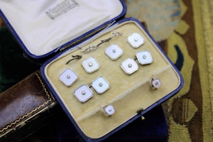 A very fine Mother of Pearl & Diamonds Dress Set in 9ct White Gold, English, Circa 1950