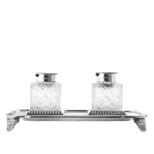 Pair of English Silver and Cut Glass Ink Wells on Stand, Sheffield 1907