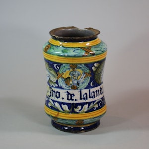 Italian maiolica Castel Durante waisted albarello, mid 16th century