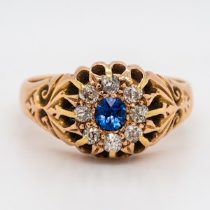 Victorian diamond and sapphire round cluster ring