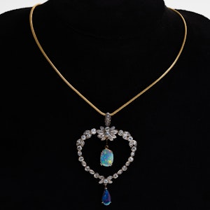 Edwardian large diamond heart and opal necklace with black opal drop
