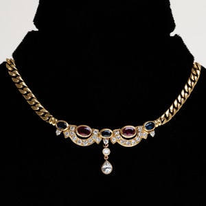 Retro diamond, ruby and sapphire necklace set in 18/21 ct heavy gold